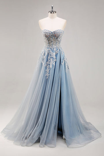 Dusty Blue A Line senza spalline corsetto puro in rilievo lungo Abito da Cerimonia con fessura